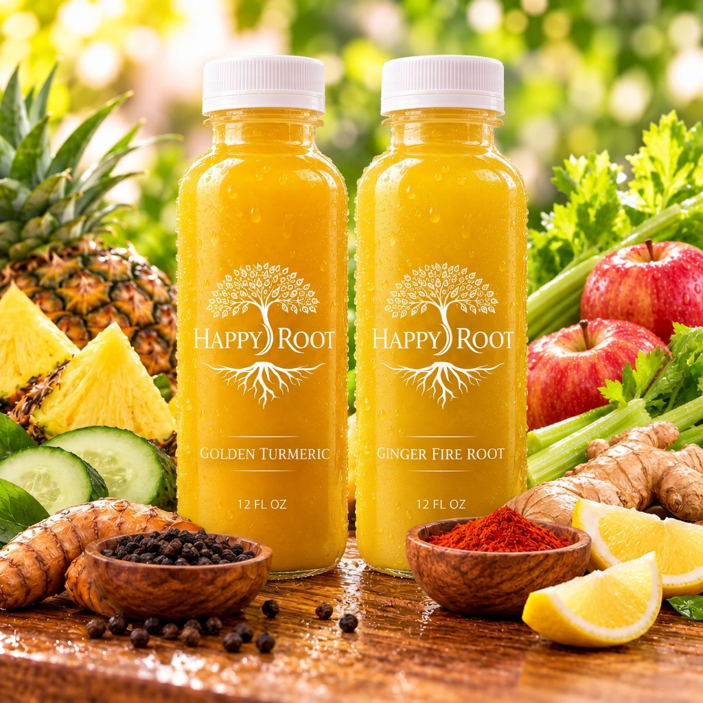 Happy Root 12 oz wellness bottles side by side