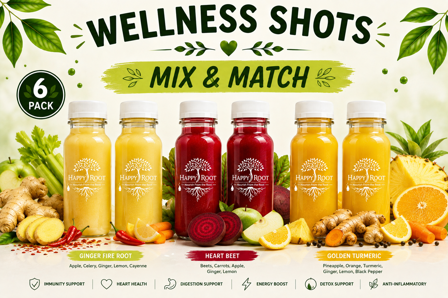 Mix and Match Wellness Shots 6-Pack by Happy Root — Heart Beet, Ginger Fire Root, Golden Turmeric