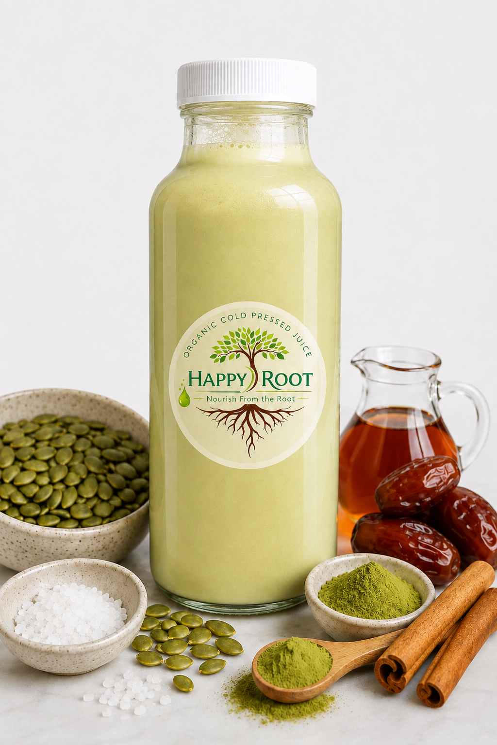 Rooted Pumpkin Seed Matcha Milk in a Happy Root glass bottle surrounded by pumpkin seeds, matcha powder, dates, honey, and cinnamon sticks