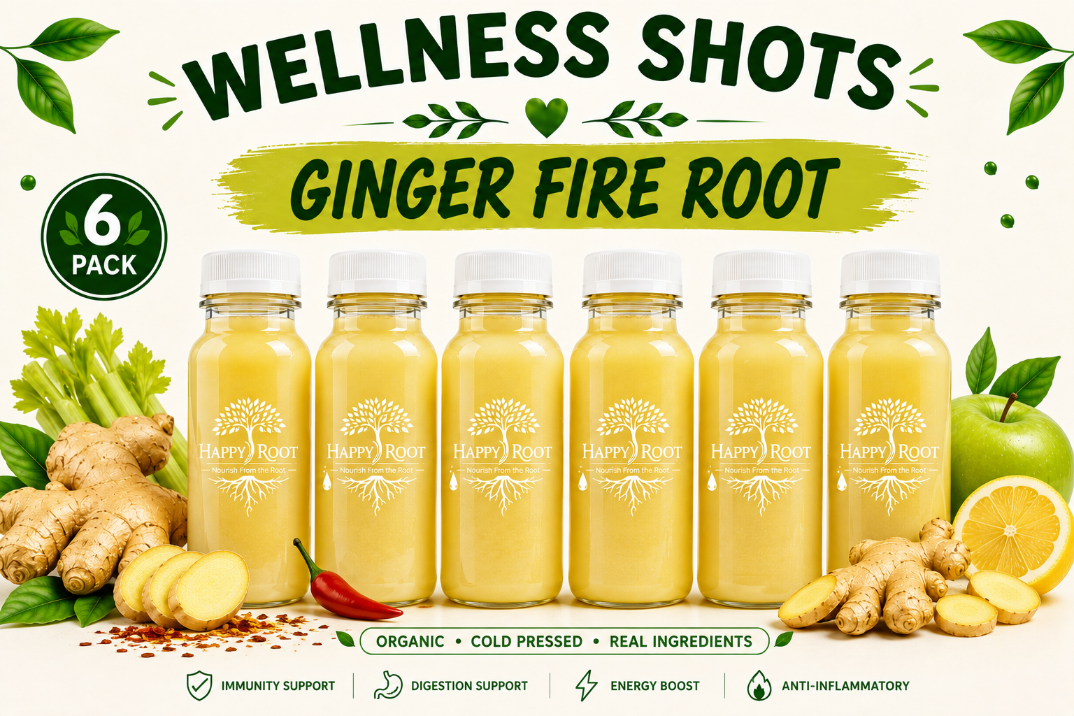 Ginger Fire Root Organic Wellness Shot | 6-2oz Shots
